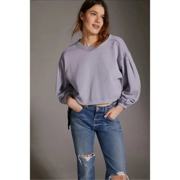 PILCRO Anthropologie Open Tie Back Cotton Sweatshirt Lavender Gray XL Distressed - Picture 3 of 15